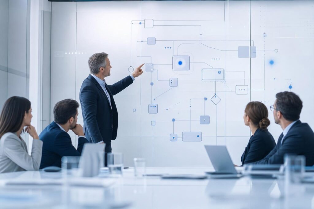 เจ้าของธุรกิจกำลังวิเคราะห์กระบวนการทำงานก่อนเลือกใช้ AI