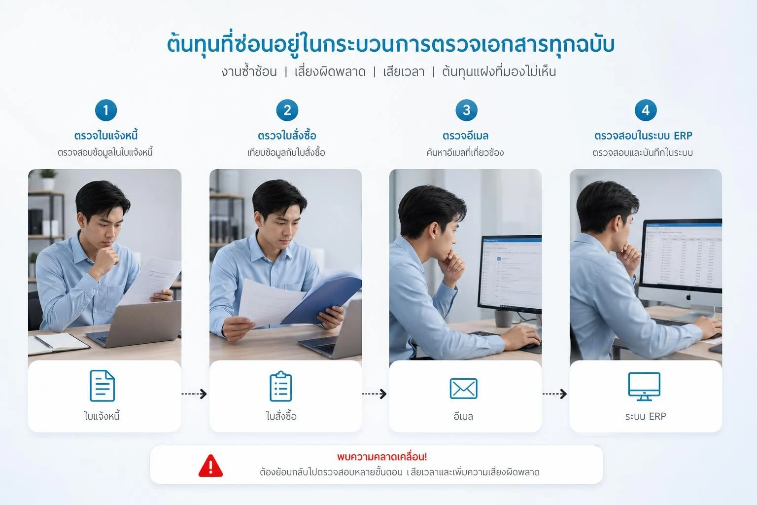 เจ้าหน้าที่ตรวจใบแจ้งหนี้กับใบสั่งซื้อ อีเมล และระบบ ERP ด้วยตนเอง