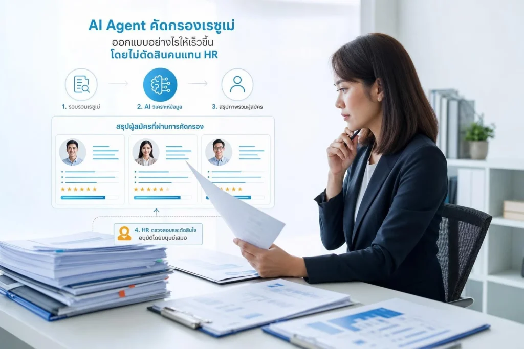 AI Agent คัดกรองเรซูเม่: ออกแบบอย่างไรให้เร็วขึ้นโดยไม่ตัดสินคนแทน HR